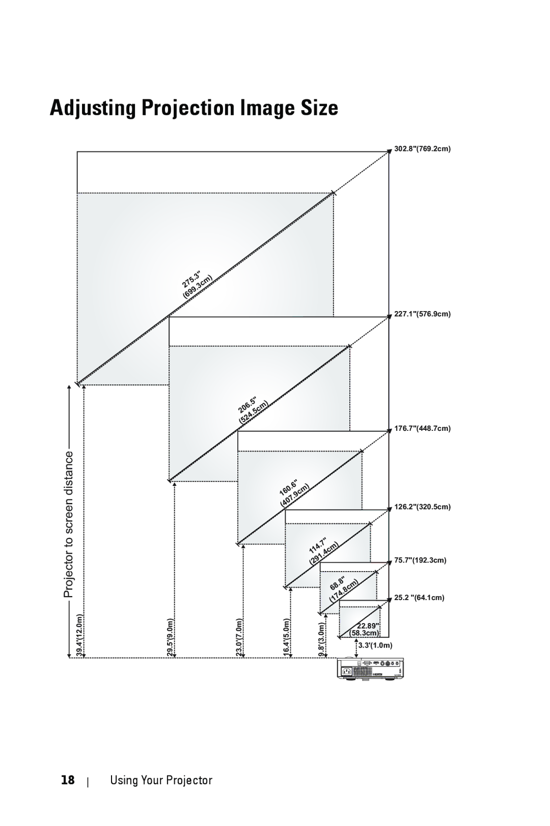 Dell 1209S manual Adjusting Projection Image Size, Projector to screen distance 