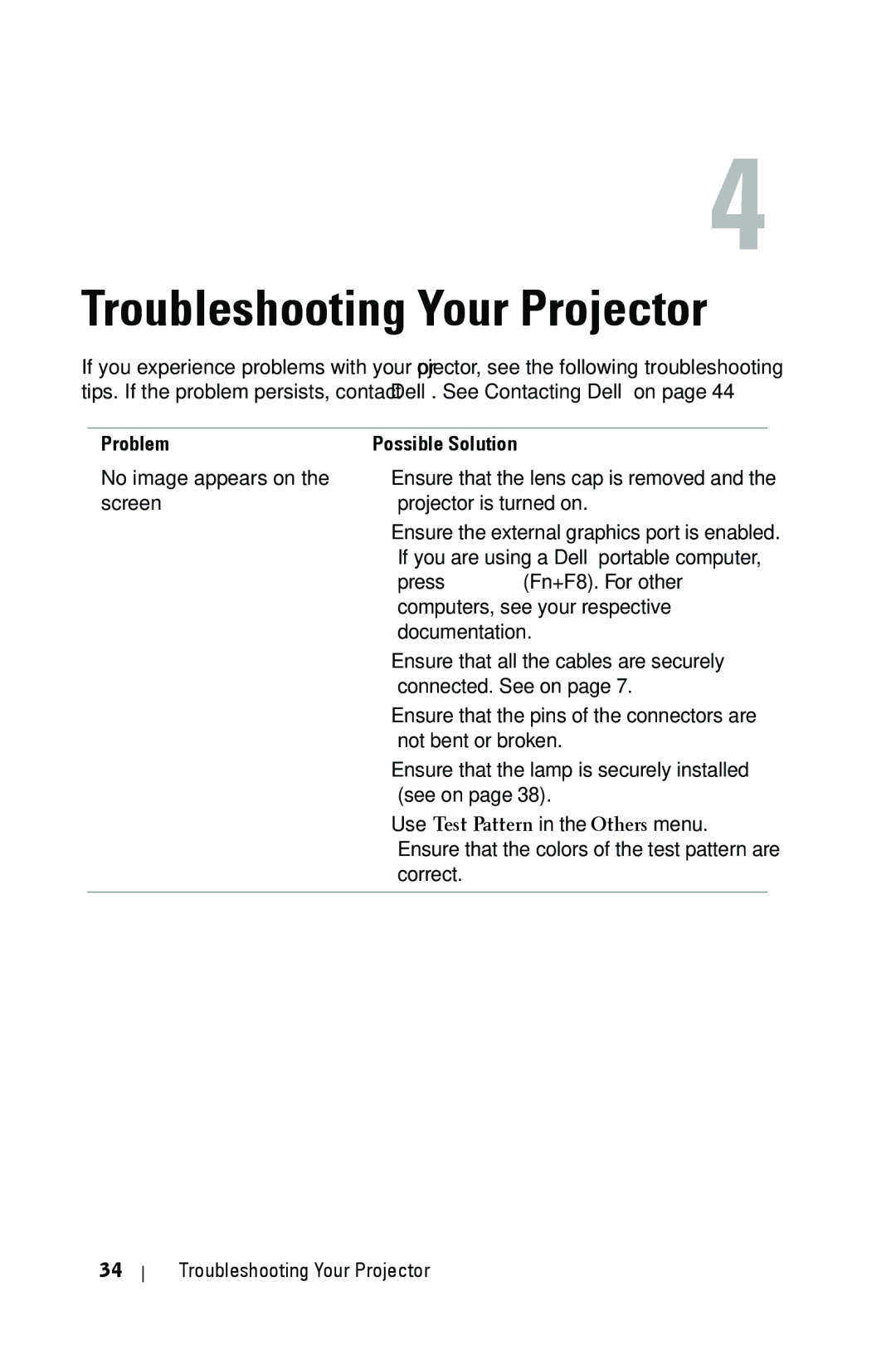 Dell 1209S manual Troubleshooting Your Projector, Problem 