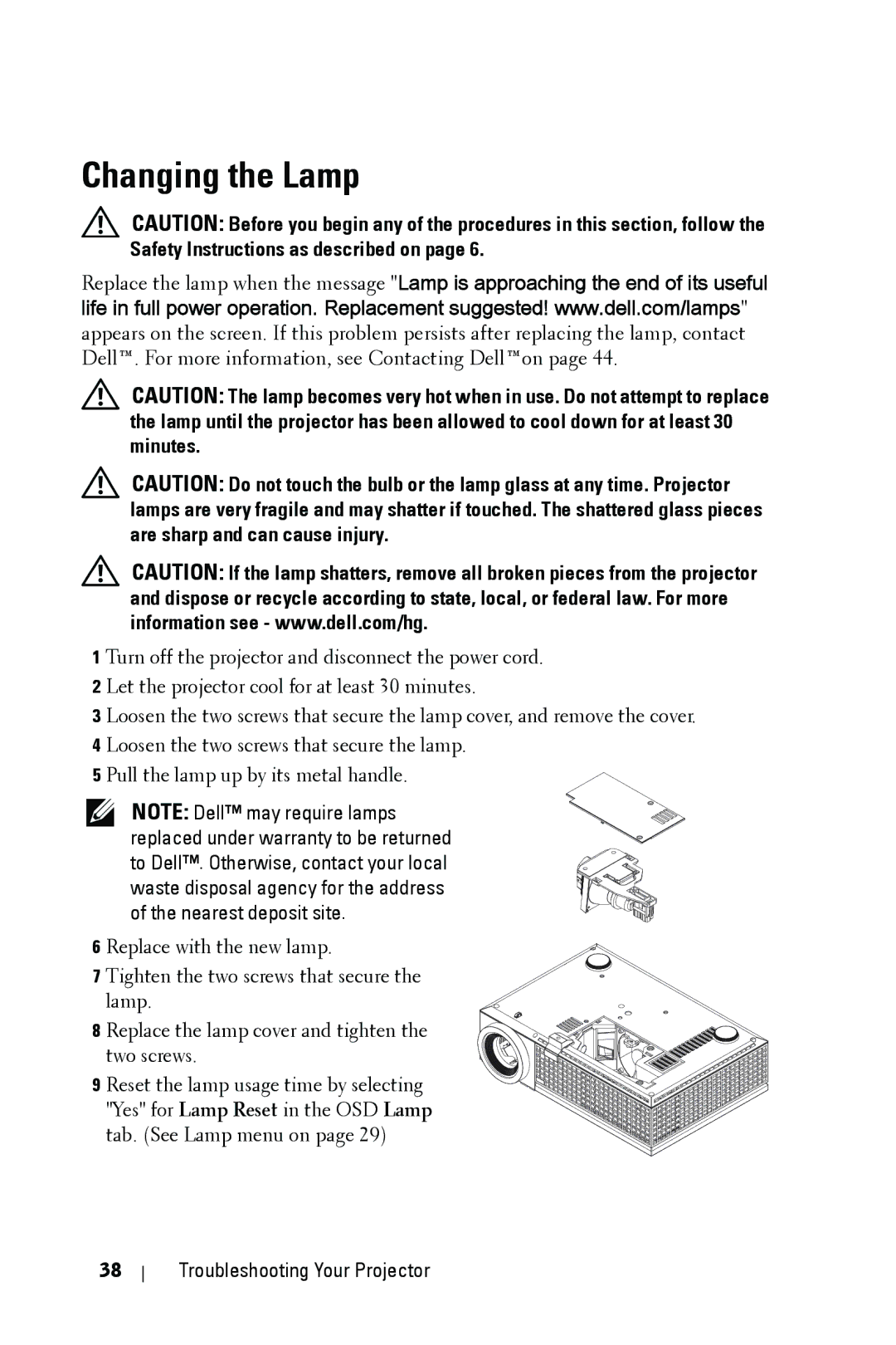 Dell 1209S manual Changing the Lamp 