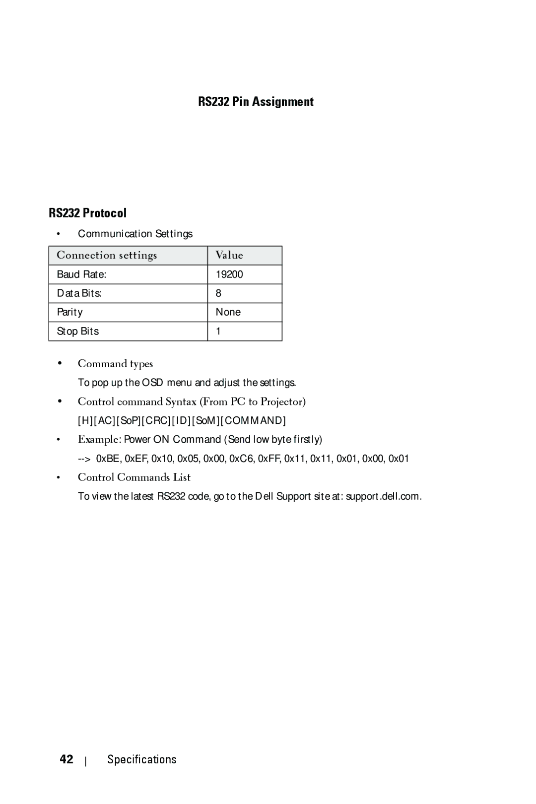 Dell 1209S manual RS232 Pin Assignment RS232 Protocol 