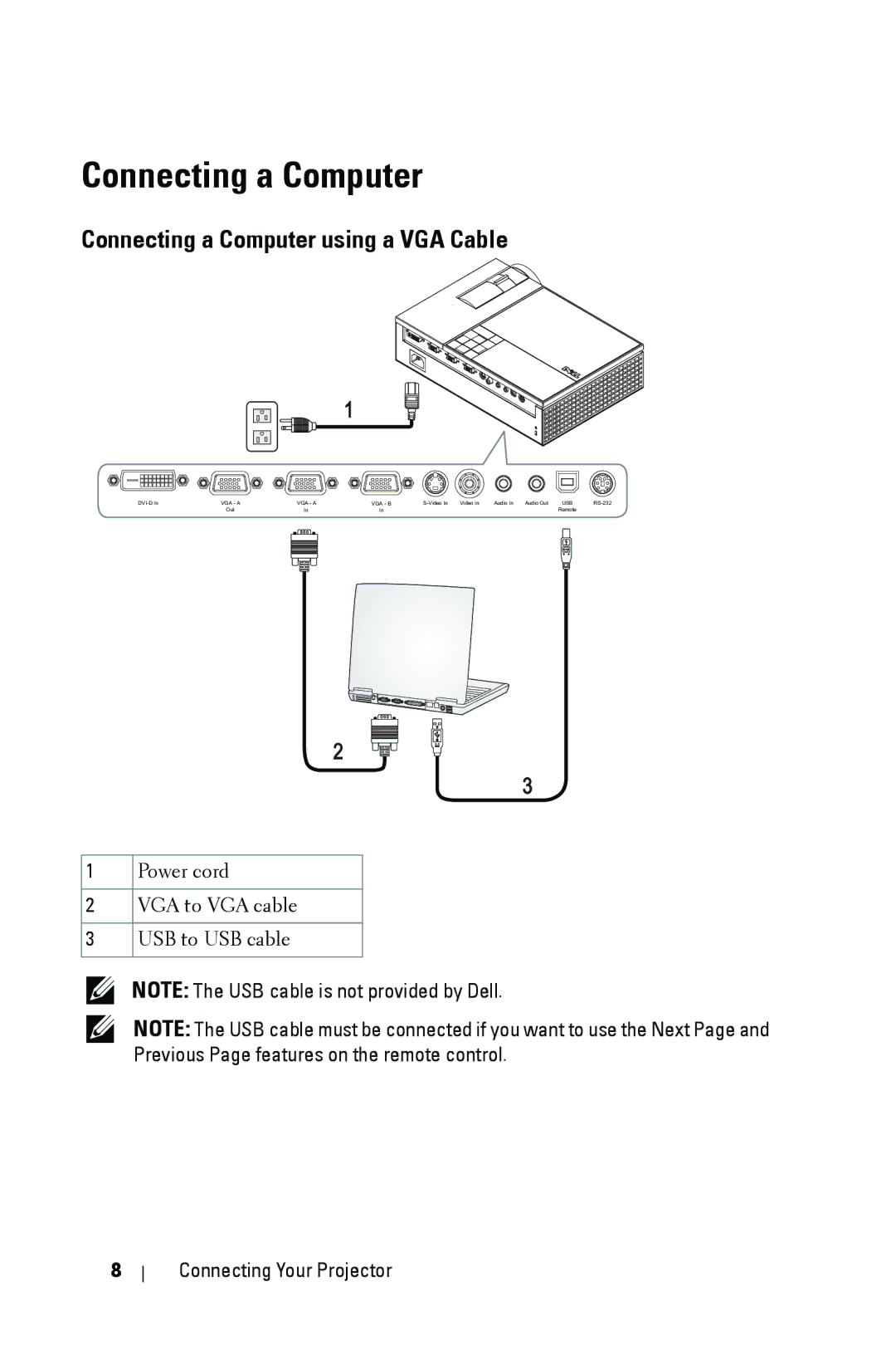 Dell 1209S manual Connecting a Computer using a VGA Cable 