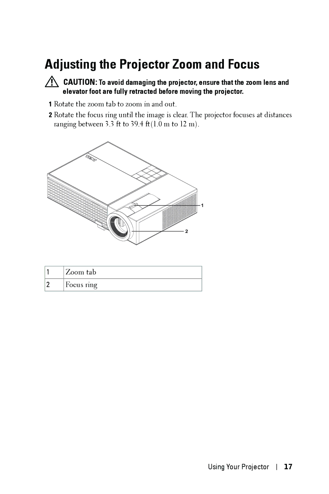 Dell 1209S manual Adjusting the Projector Zoom and Focus 