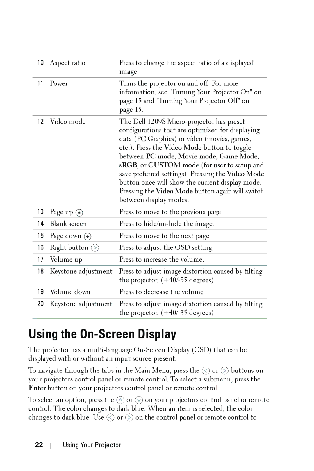 Dell 1209S manual Using the On-Screen Display, Between PC mode , Movie mode , Game Mode 