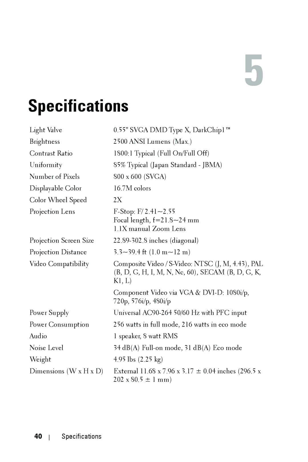 Dell 1209S manual Specifications 