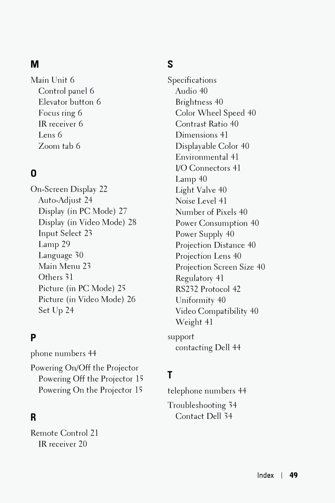 Dell 1209S manual Index 