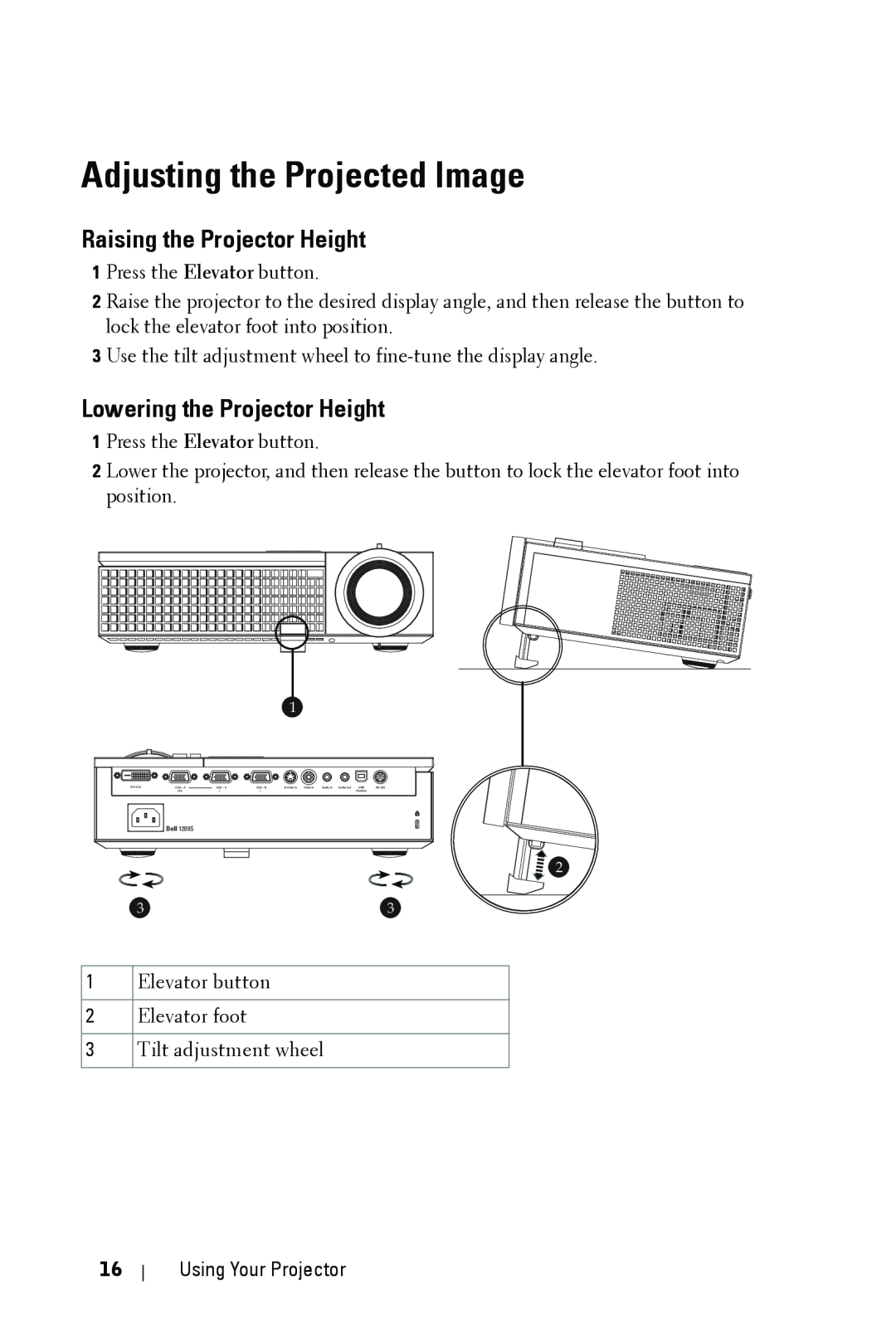 Dell 1209S manual Adjusting the Projected Image, Raising the Projector Height, Lowering the Projector Height 