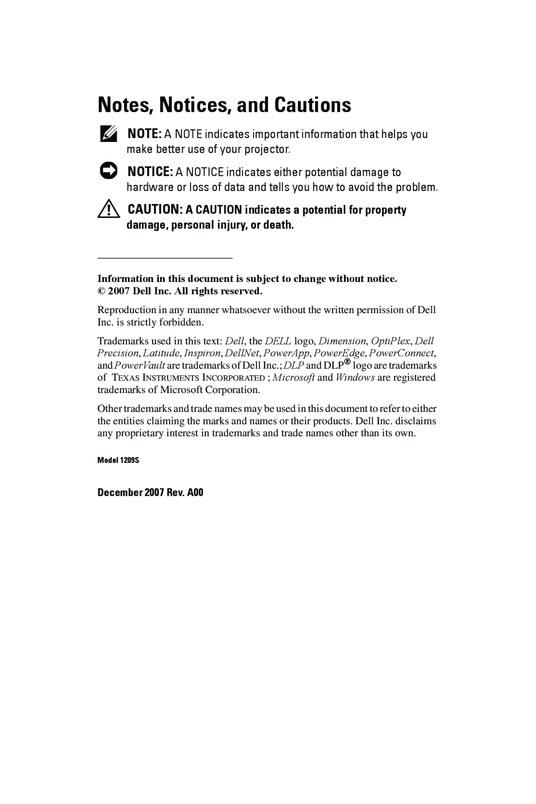 Dell manual Notes, Notices, and Cautions, trademarks of Microsoft Corporation, December 2007 Rev. A00, Model 1209S 