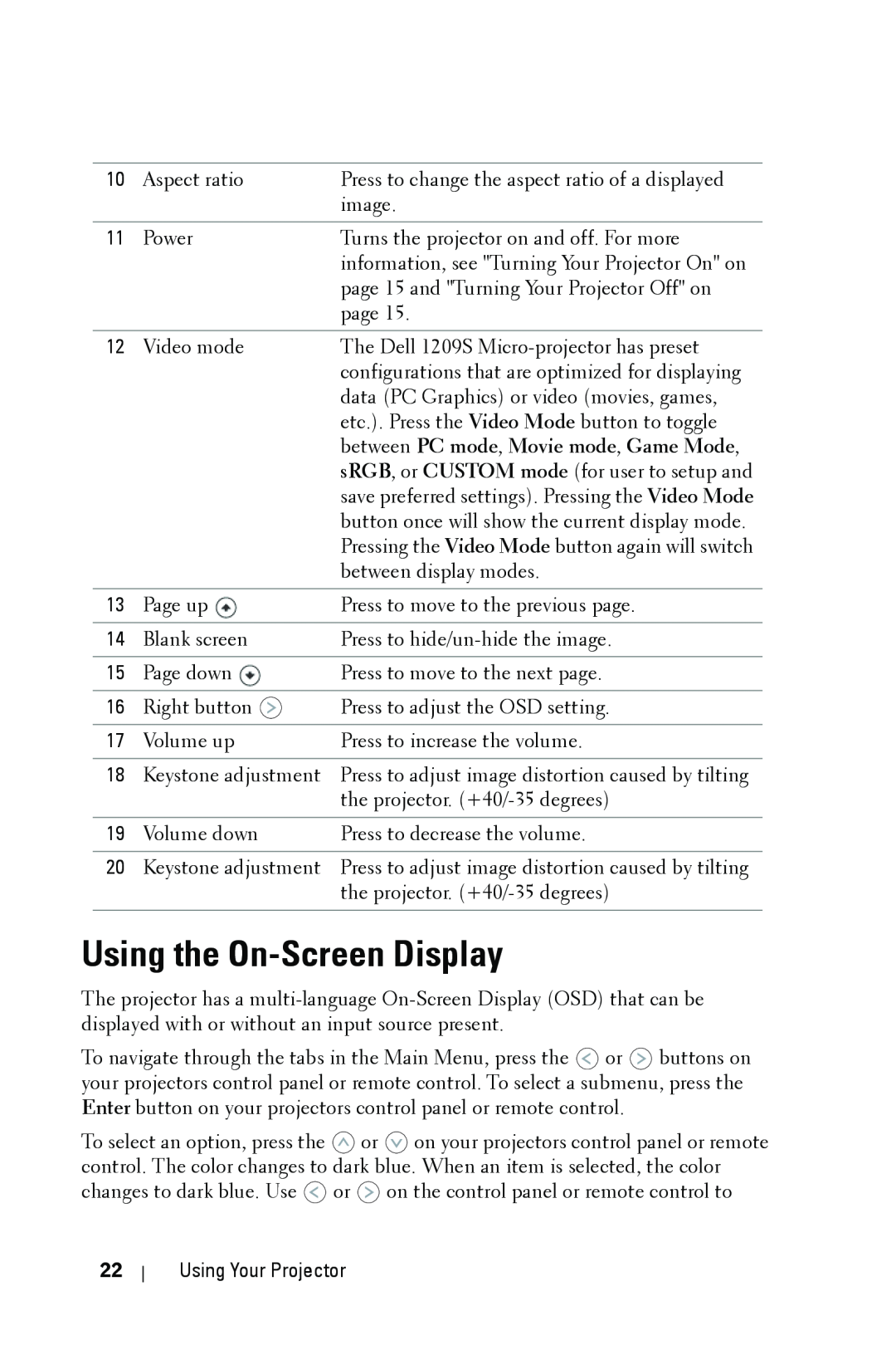 Dell 1209S manual Using the On-ScreenDisplay, between PC mode, Movie mode, Game Mode 