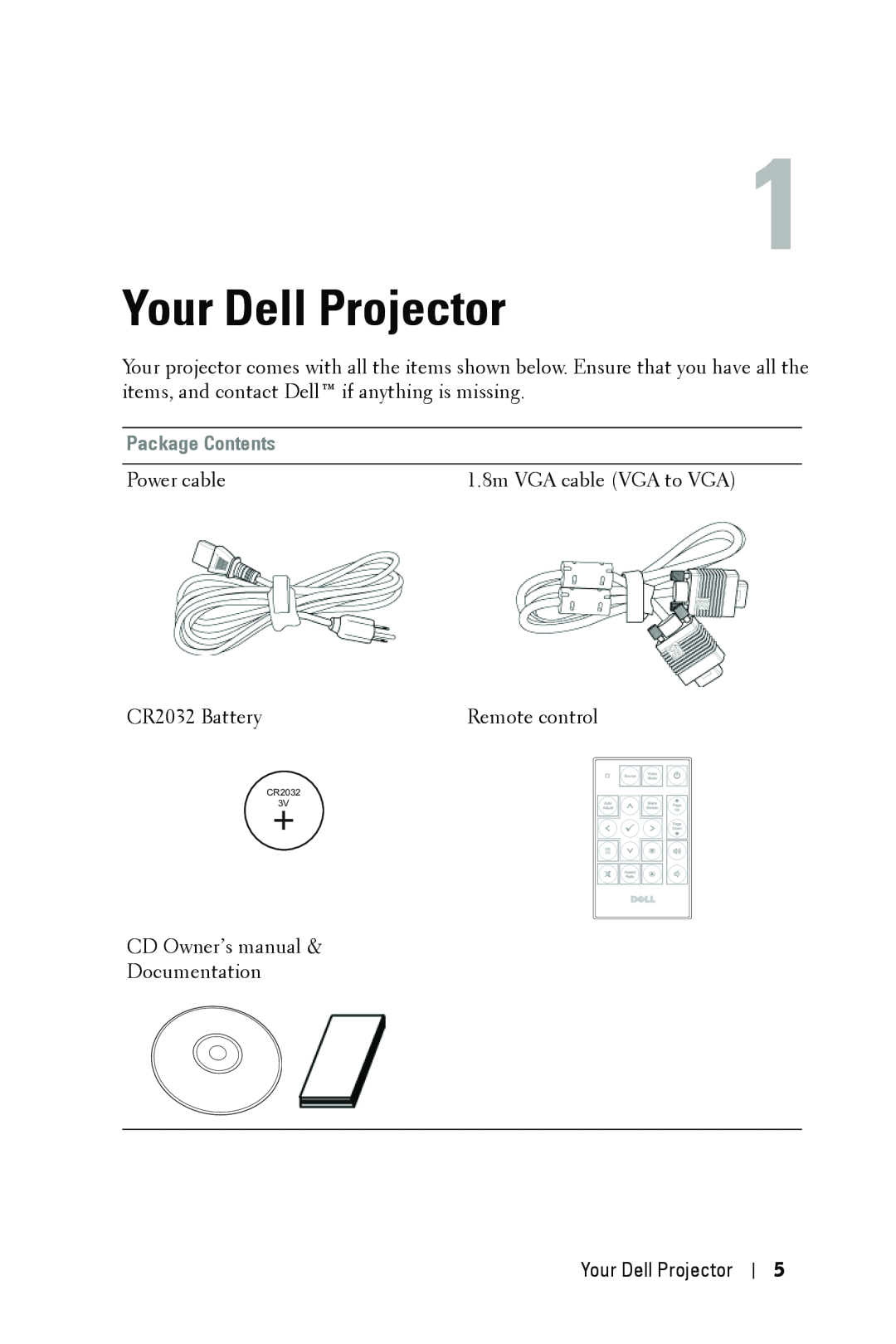 Dell 1209S manual Your Dell Projector, Package Contents, CR2032 