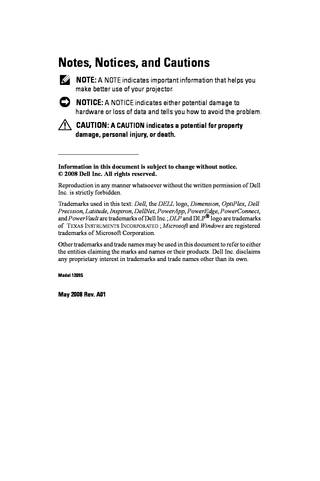 Dell 1209S manual Notes, Notices, and Cautions, ____________________, May 2008 Rev. A01 
