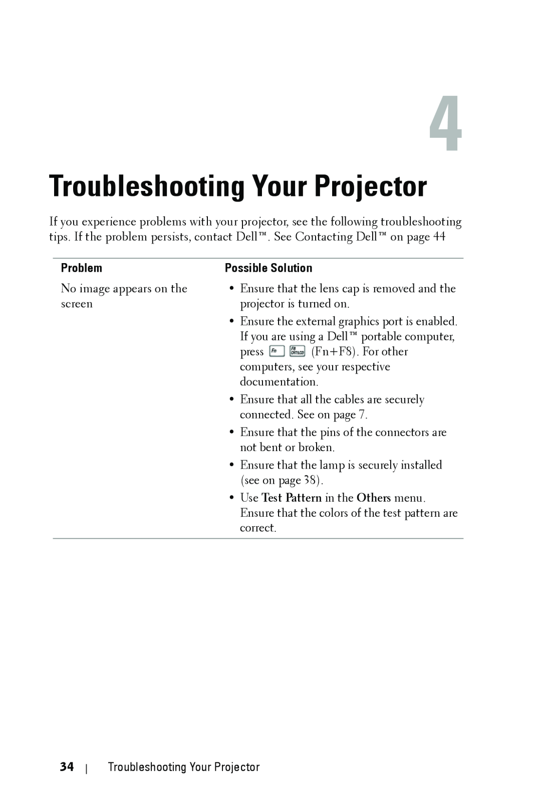 Dell 1209S manual Troubleshooting Your Projector, Problem 
