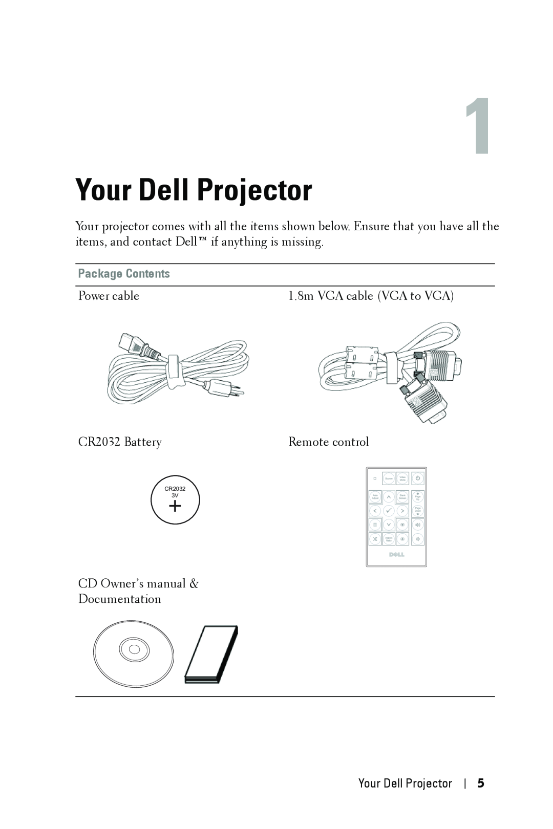 Dell 1209S manual Your Dell Projector, Package Contents, CR2032 3V 