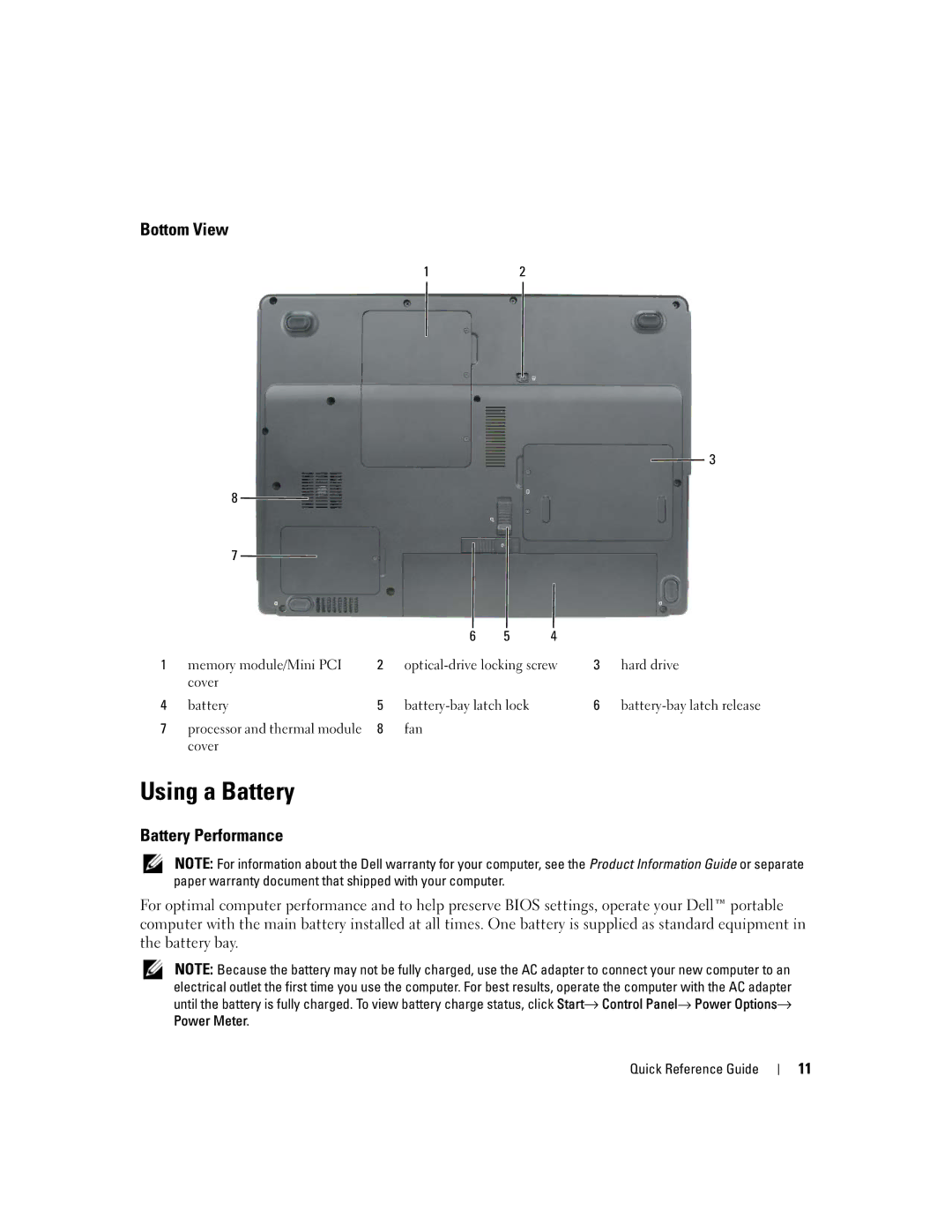 Dell 120L manual Using a Battery, Bottom View, Battery Performance 