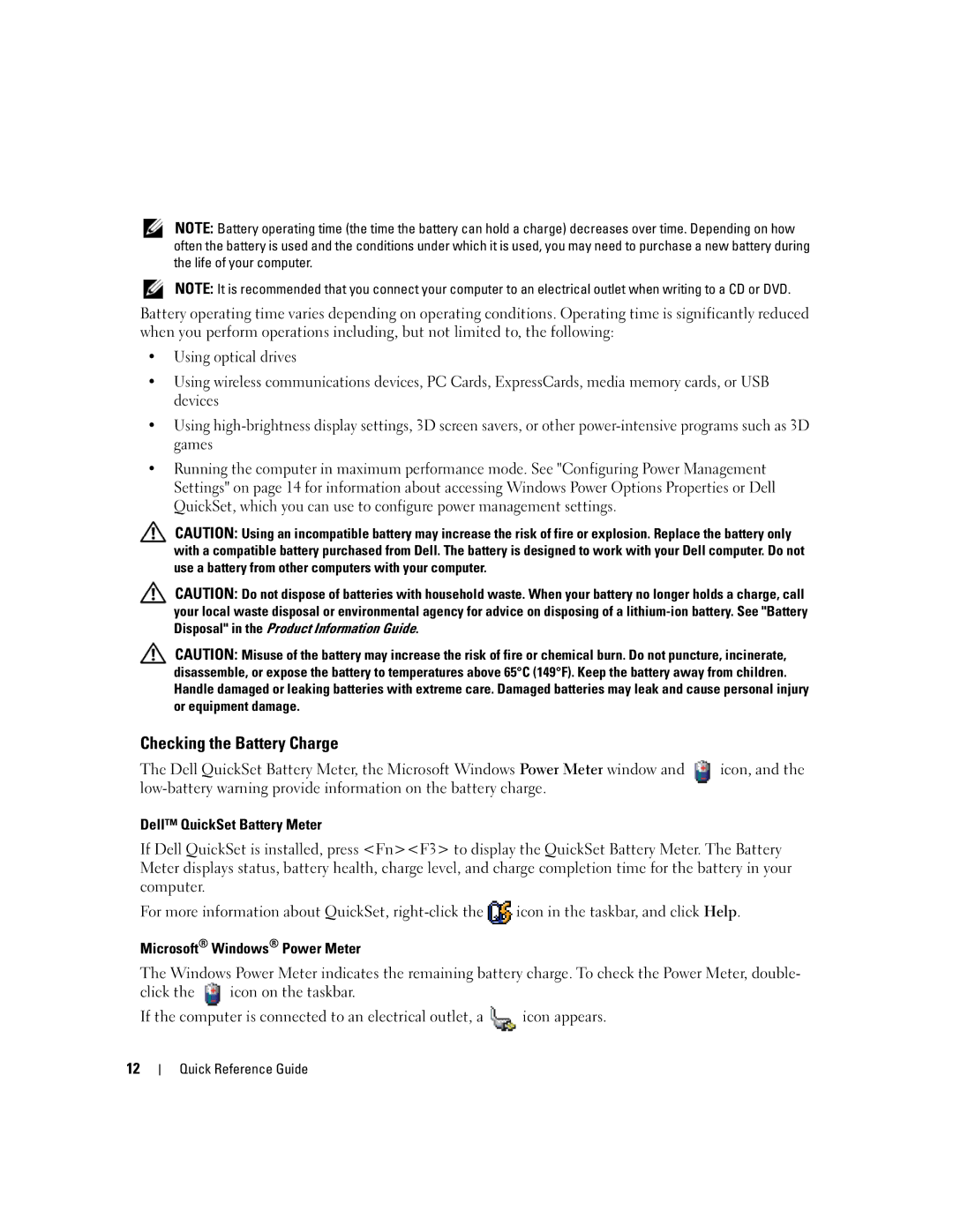 Dell 120L manual Checking the Battery Charge, Dell QuickSet Battery Meter, Microsoft Windows Power Meter 