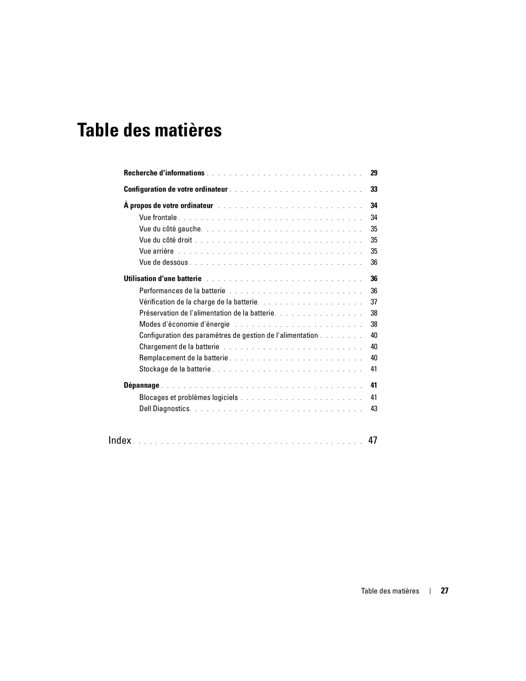 Dell 120L manual Configuration des paramètres de gestion de lalimentation, Table des matières 