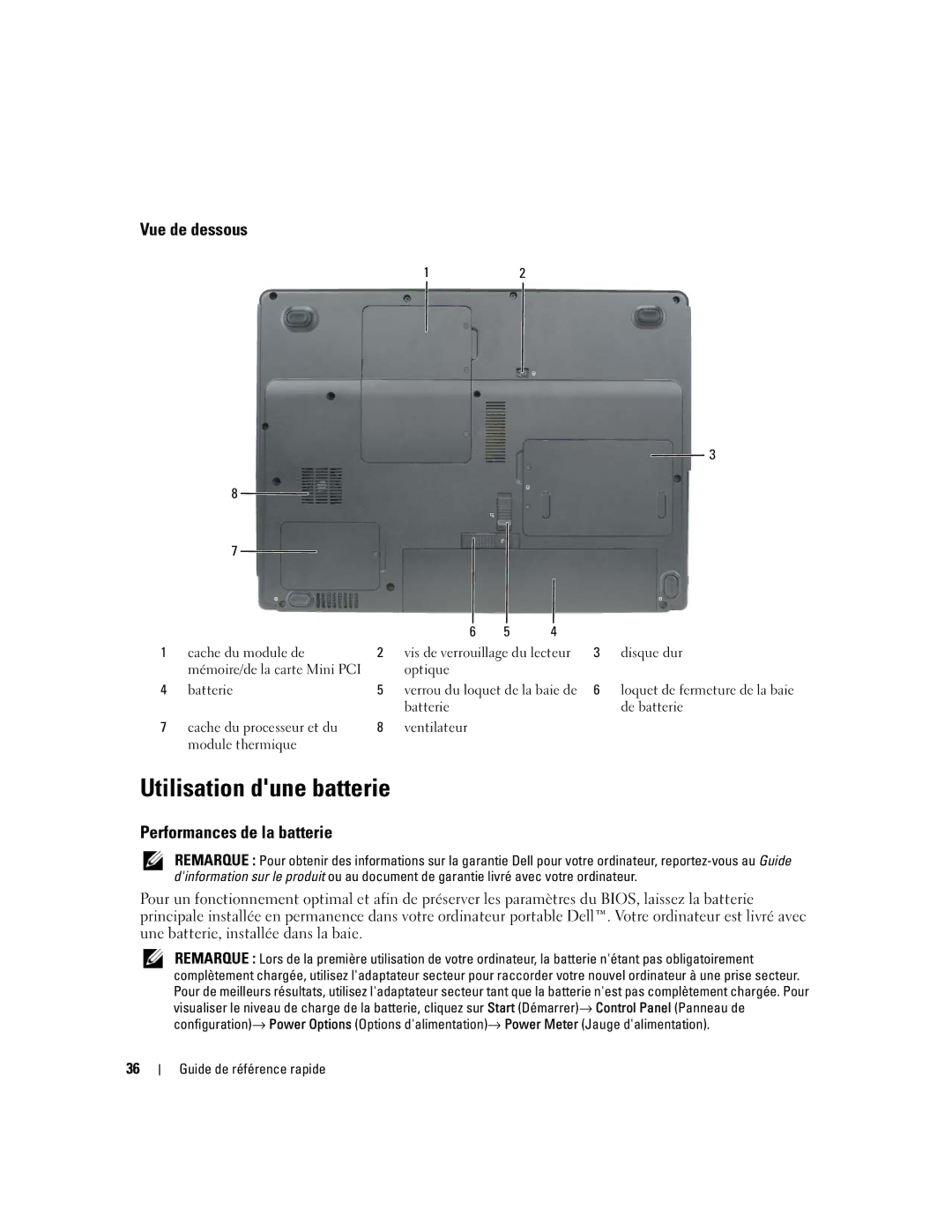 Dell 120L manual Utilisation dune batterie, Vue de dessous, Performances de la batterie 