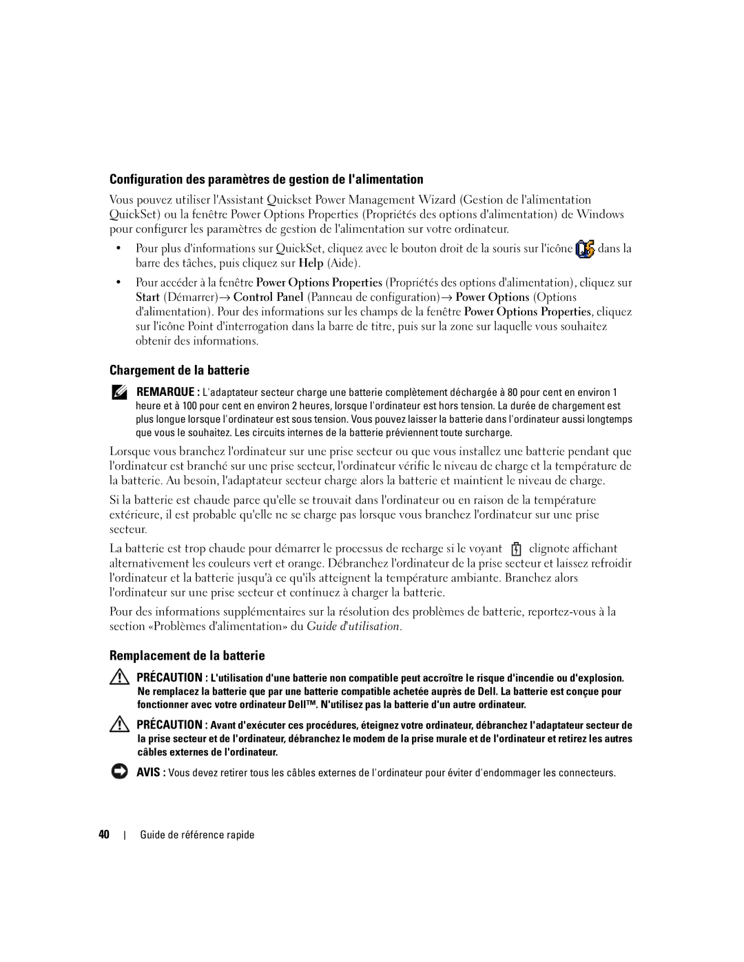 Dell 120L Configuration des paramètres de gestion de lalimentation, Chargement de la batterie, Remplacement de la batterie 