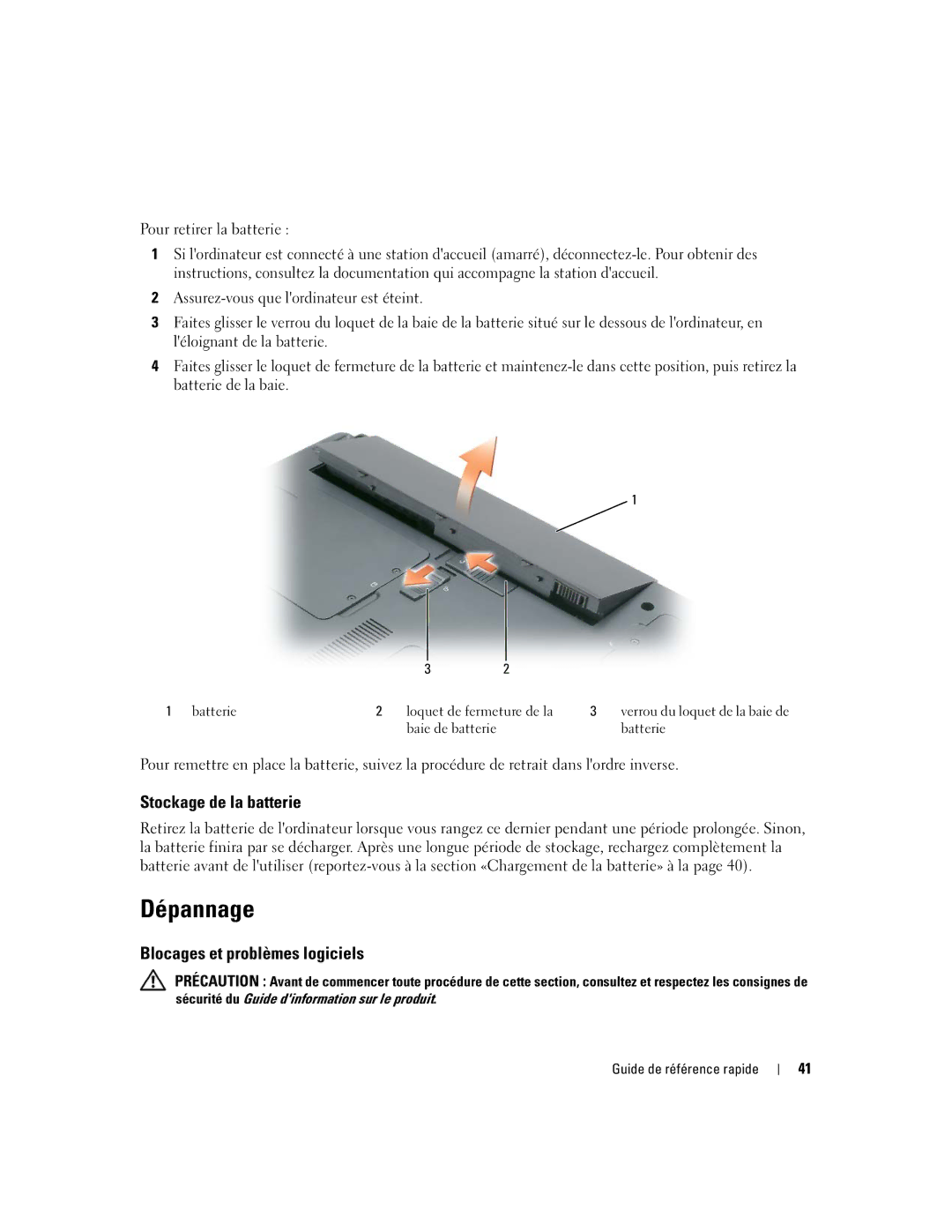 Dell 120L manual Dépannage, Stockage de la batterie, Blocages et problèmes logiciels 