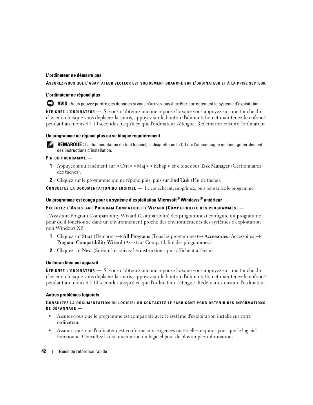 Dell 120L Lordinateur ne démarre pas, Lordinateur ne répond plus, Un programme ne répond plus ou se bloque régulièrement 