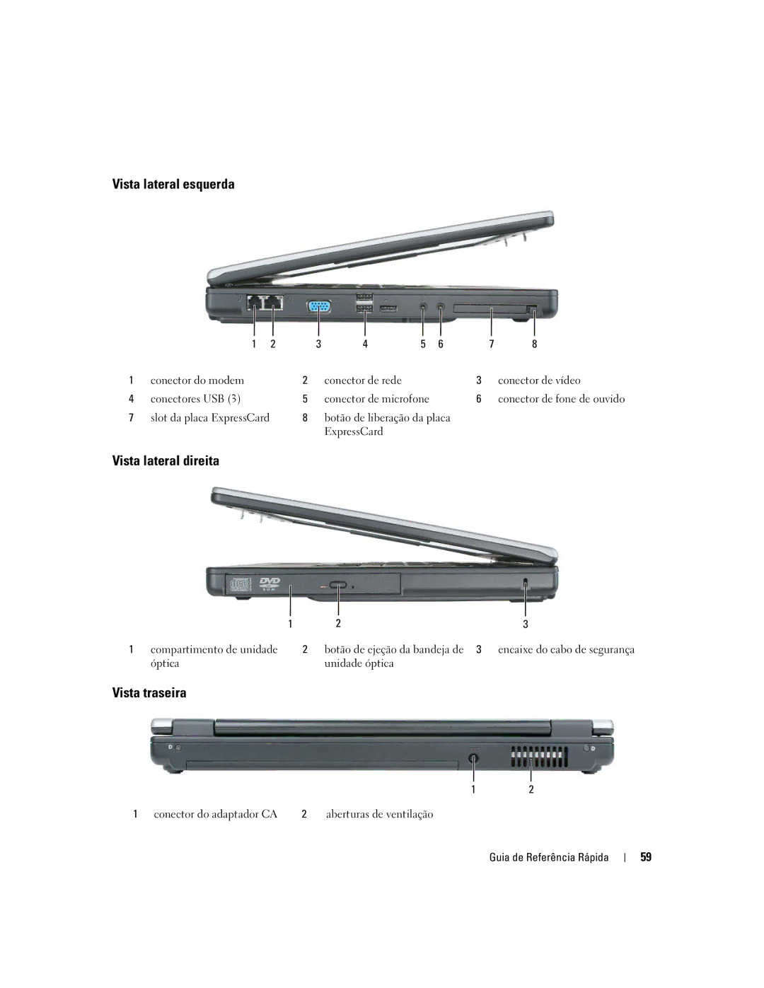 Dell 120L manual Vista lateral esquerda, Vista lateral direita, Vista traseira 