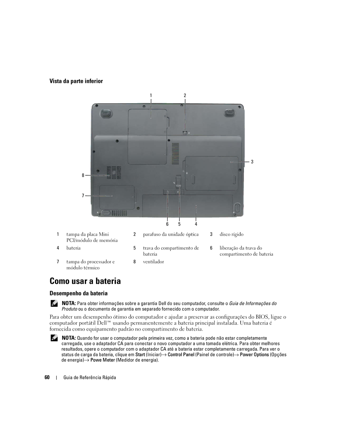 Dell 120L manual Como usar a bateria, Vista da parte inferior, Desempenho da bateria 