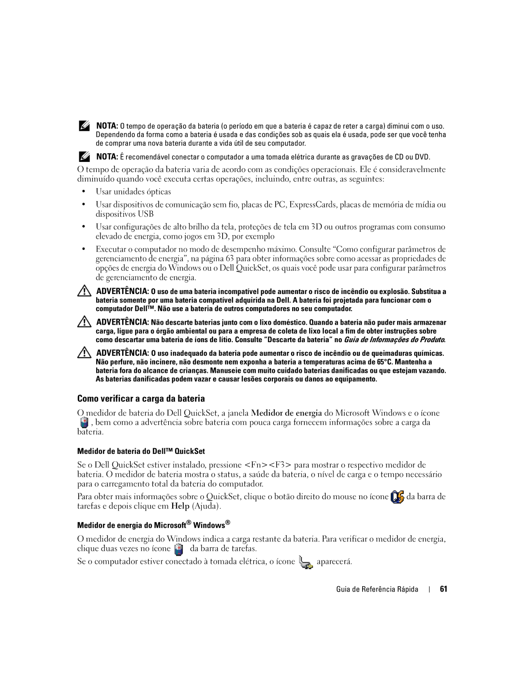 Dell 120L Como verificar a carga da bateria, Medidor de bateria do Dell QuickSet, Medidor de energia do Microsoft Windows 