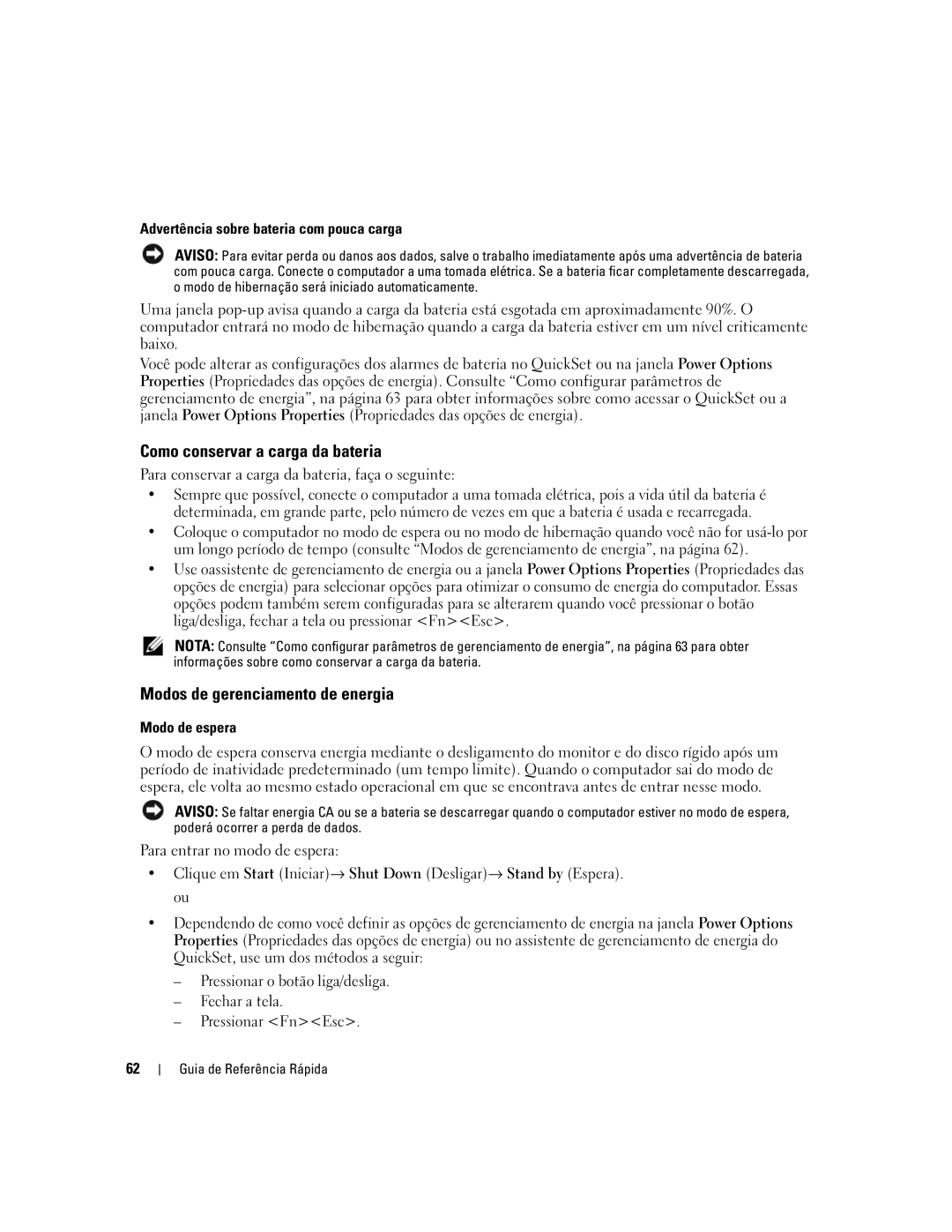 Dell 120L Como conservar a carga da bateria, Modos de gerenciamento de energia, Advertência sobre bateria com pouca carga 