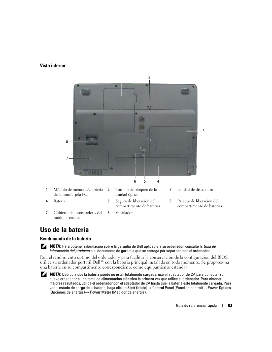 Dell 120L manual Uso de la batería, Vista inferior, Rendimiento de la batería 