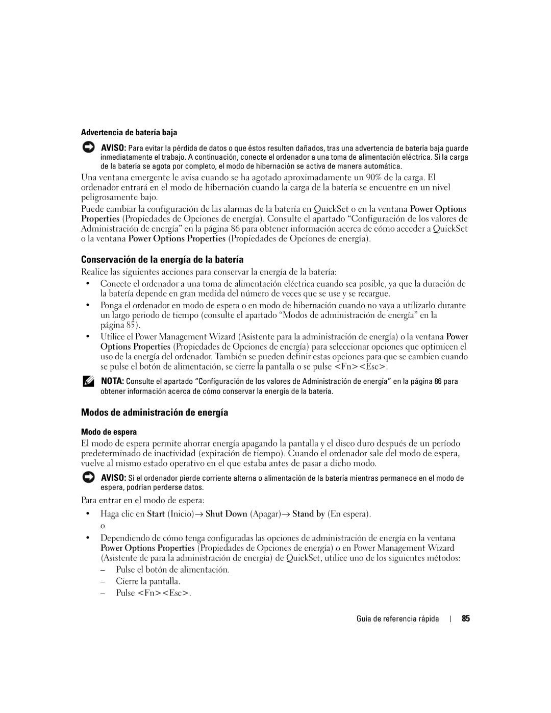 Dell 120L manual Conservación de la energía de la batería, Modos de administración de energía, Advertencia de batería baja 