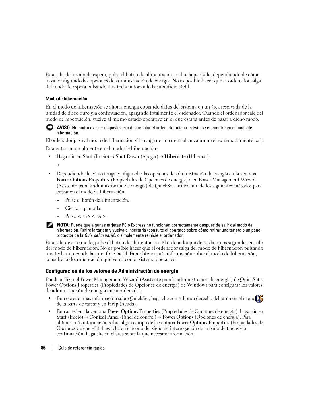 Dell 120L manual Configuración de los valores de Administración de energía, Modo de hibernación 