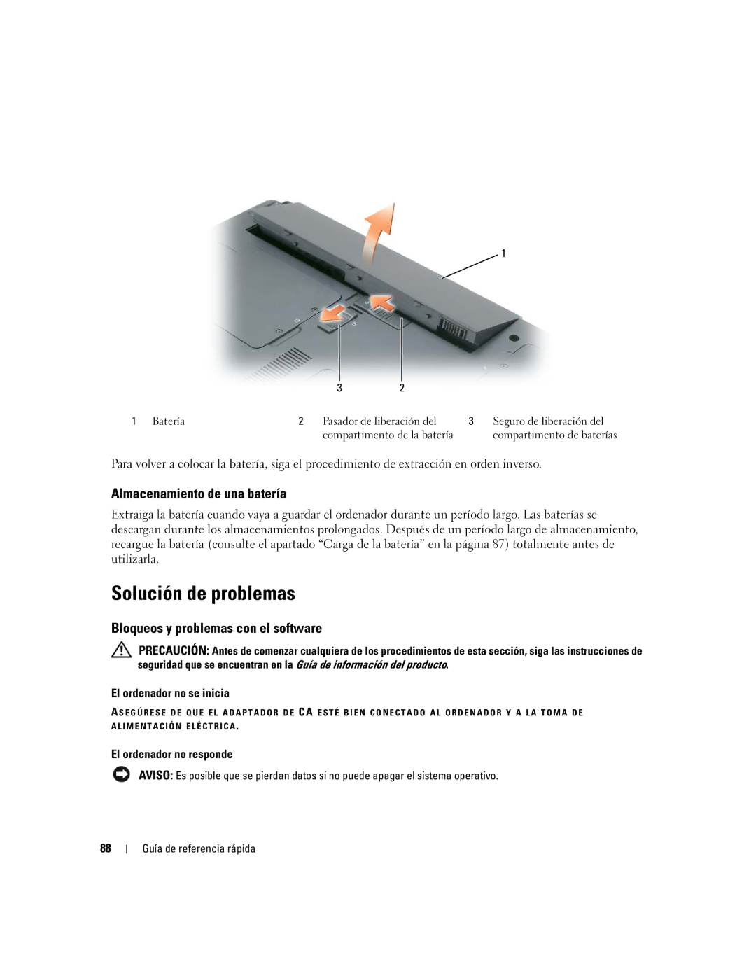 Dell 120L manual Solución de problemas, Almacenamiento de una batería, Bloqueos y problemas con el software 