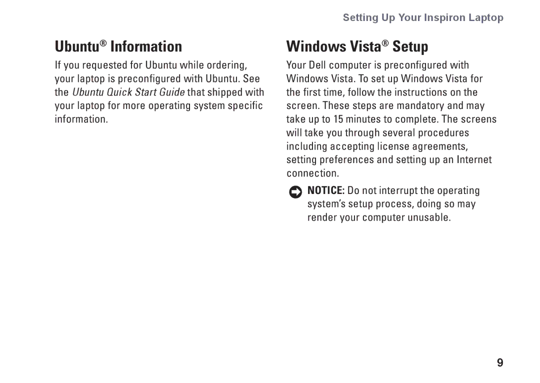 Dell PP40S, 1210, M438J setup guide Ubuntu Information, Windows Vista Setup 