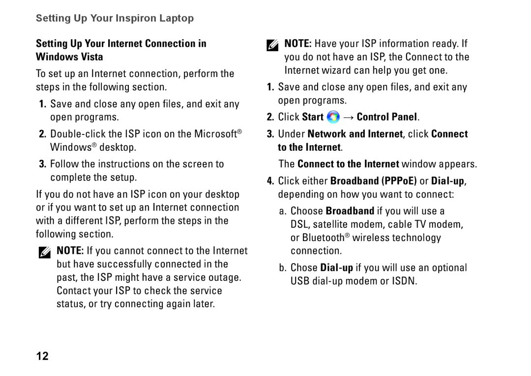 Dell PP40S, 1210, M438J setup guide Setting Up Your Internet Connection in Windows Vista 