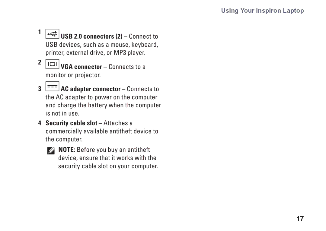 Dell M438J, 1210, PP40S setup guide Using Your Inspiron Laptop 