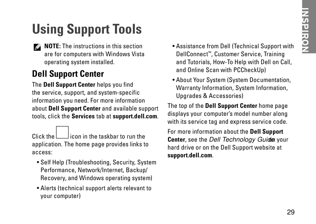 Dell M438J, 1210, PP40S setup guide Using Support Tools, Dell Support Center 