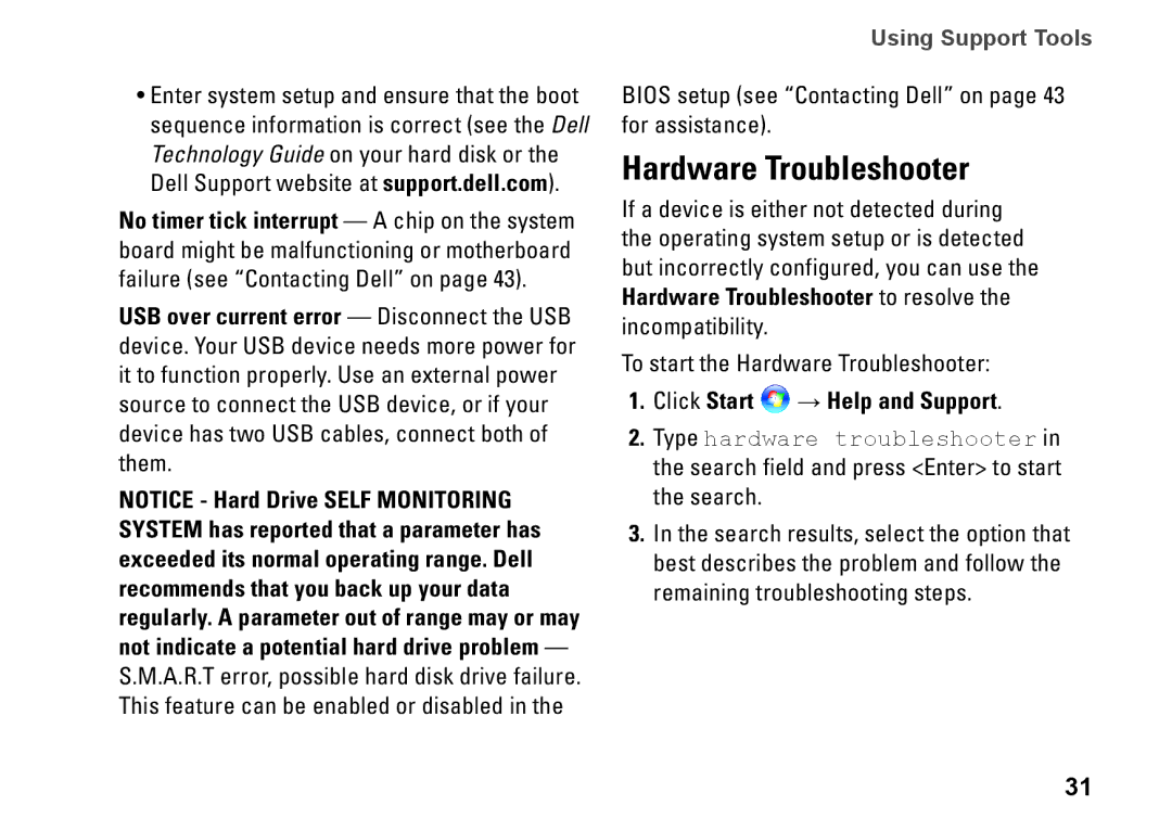 Dell 1210, M438J, PP40S setup guide Hardware Troubleshooter, Click Start → Help and Support 