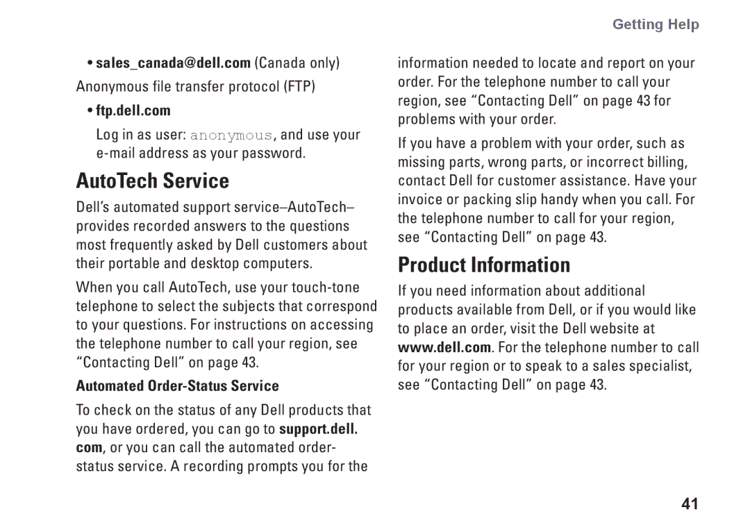 Dell M438J, 1210, PP40S setup guide AutoTech Service, Product Information, Ftp.dell.com, Automated Order-Status Service 