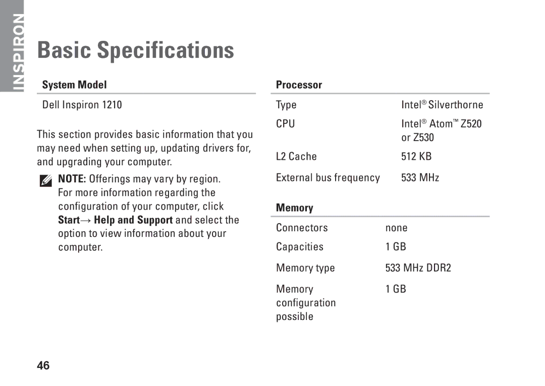 Dell 1210, M438J, PP40S setup guide Basic Specifications, System Model, Processor, Memory 