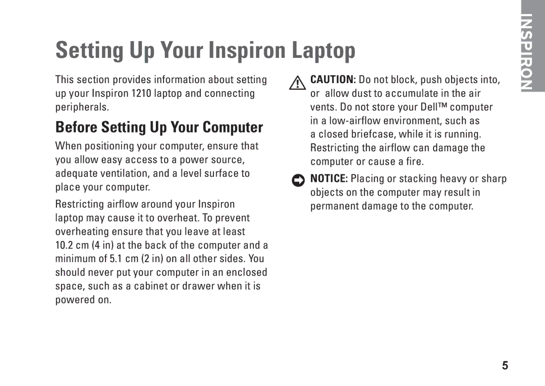 Dell M438J, 1210, PP40S setup guide Setting Up Your Inspiron Laptop, Before Setting Up Your Computer 