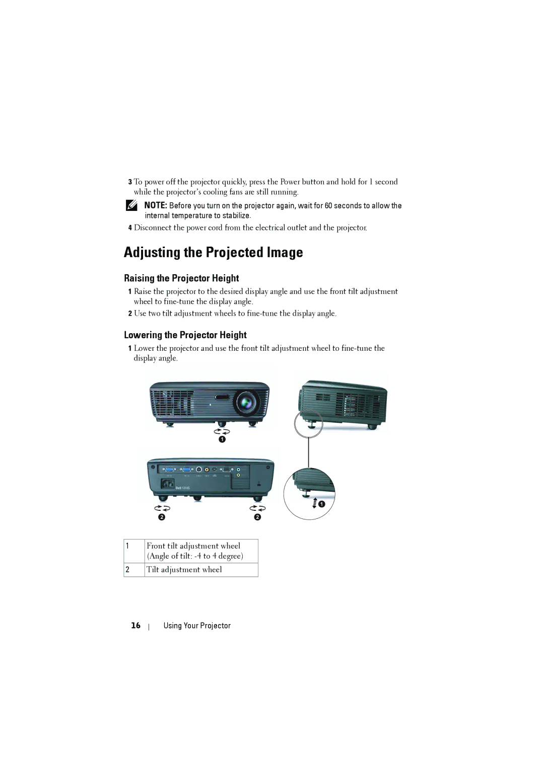 Dell 1210S manual Adjusting the Projected Image, Raising the Projector Height 