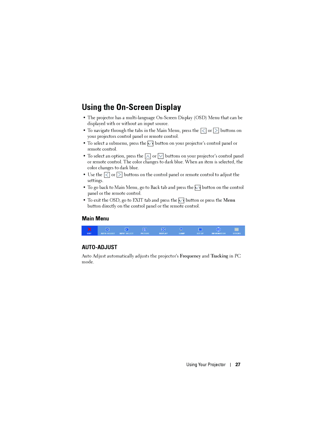 Dell 1210S manual Using the On-Screen Display, Auto-Adjust 