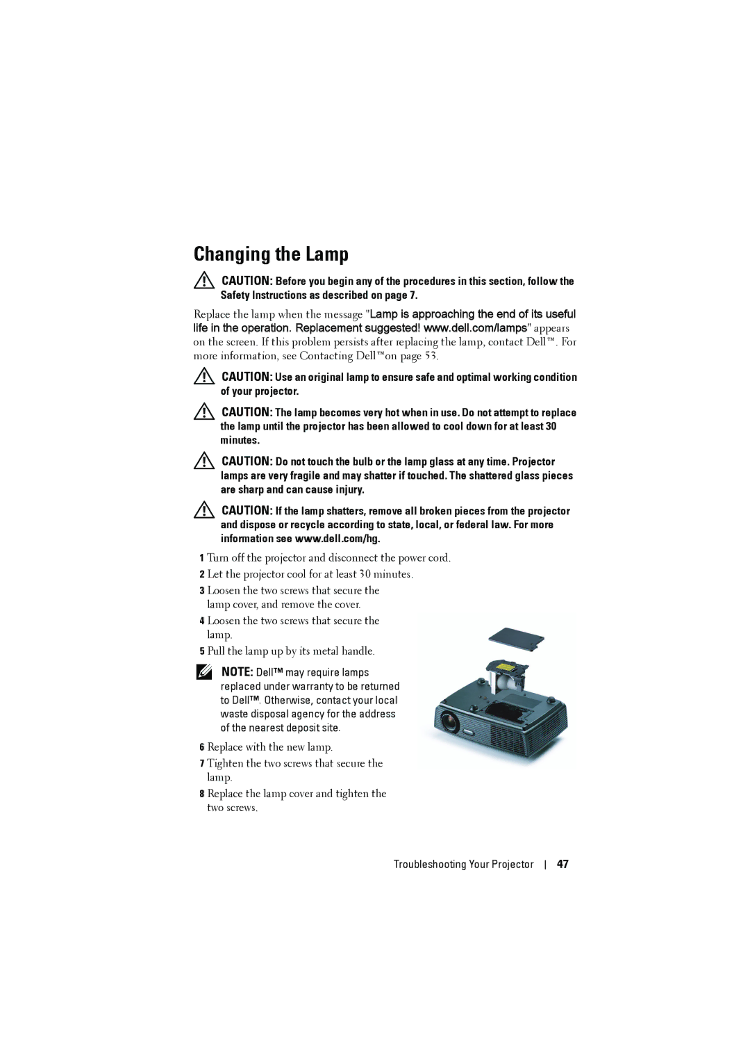 Dell 1210S manual Changing the Lamp 