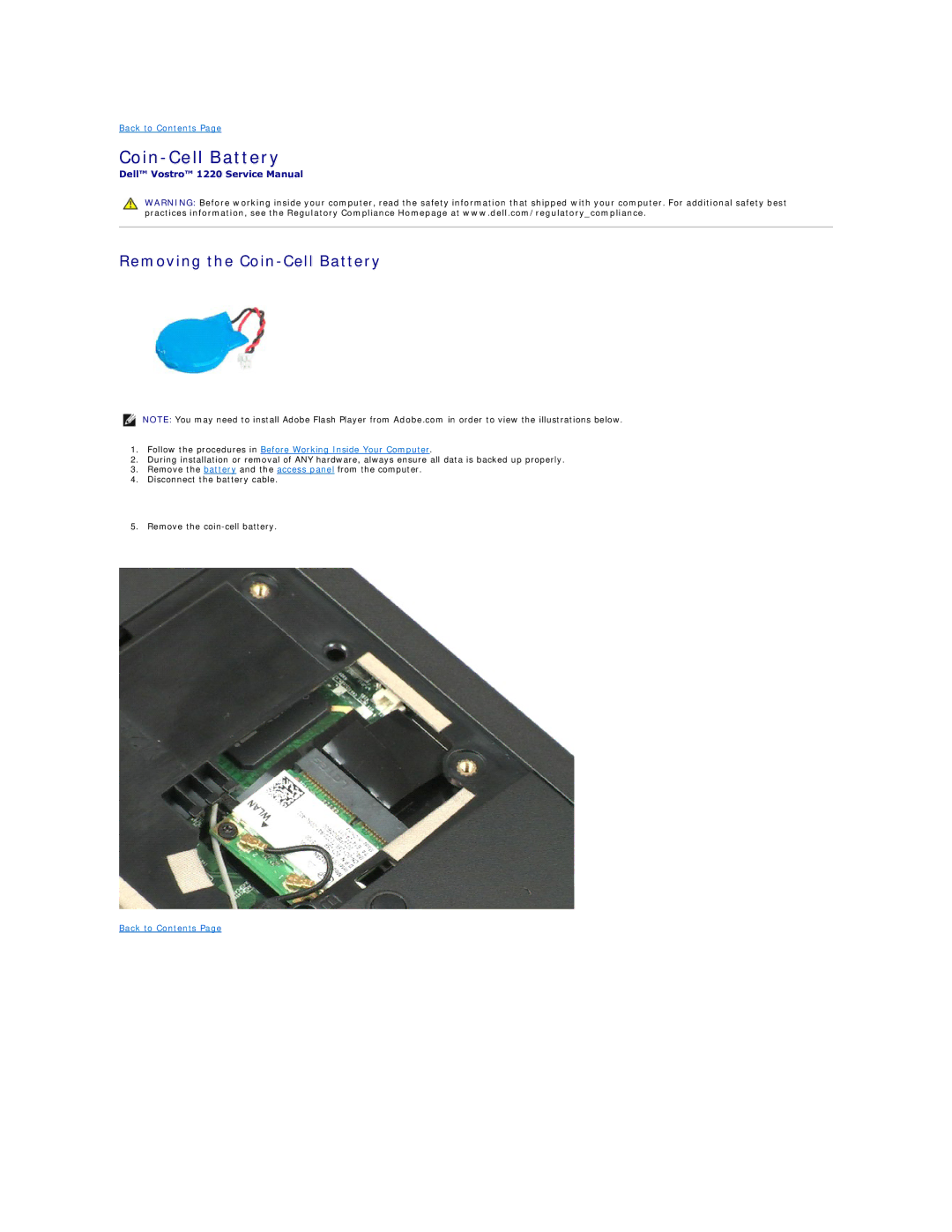 Dell 1220 specifications Removing the Coin-Cell Battery 