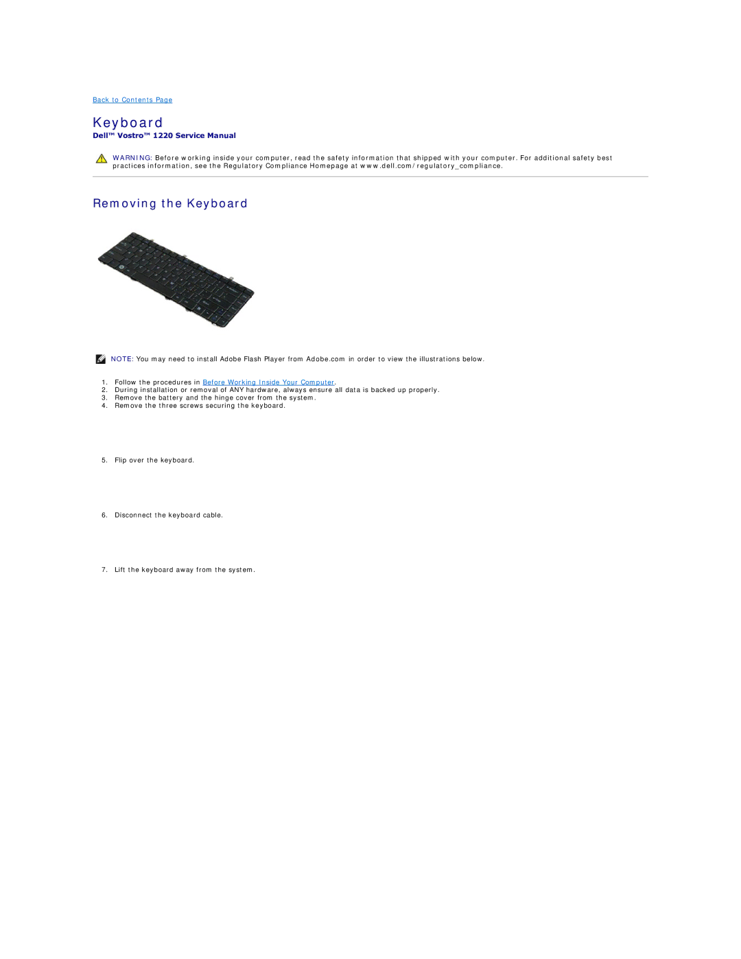 Dell 1220 specifications Removing the Keyboard 