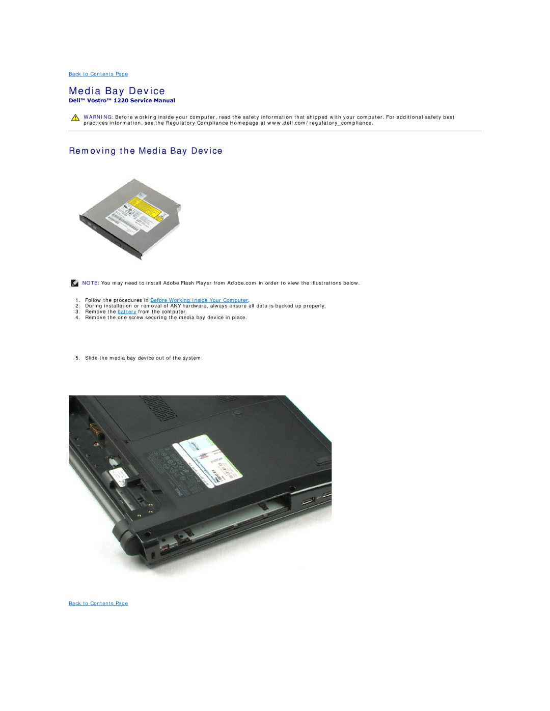 Dell 1220 specifications Removing the Media Bay Device 