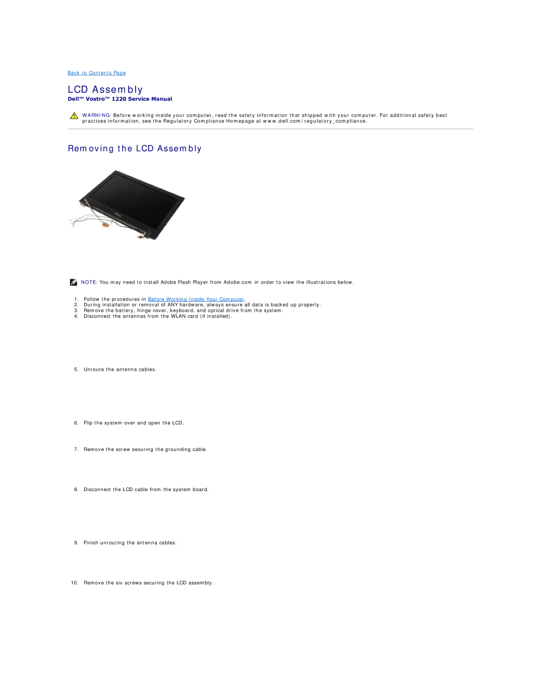 Dell 1220 specifications Removing the LCD Assembly 