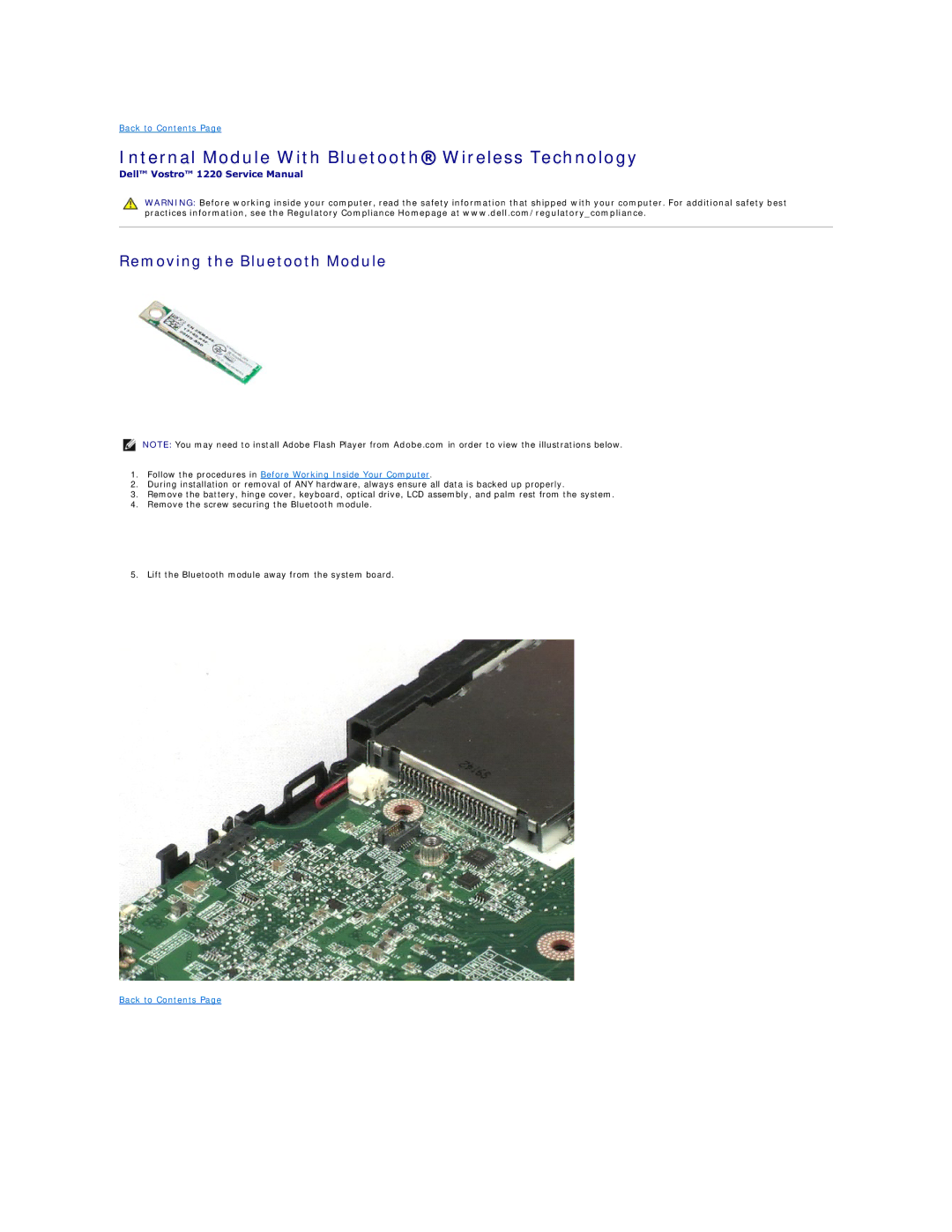 Dell 1220 specifications Internal Module With Bluetooth Wireless Technology, Removing the Bluetooth Module 