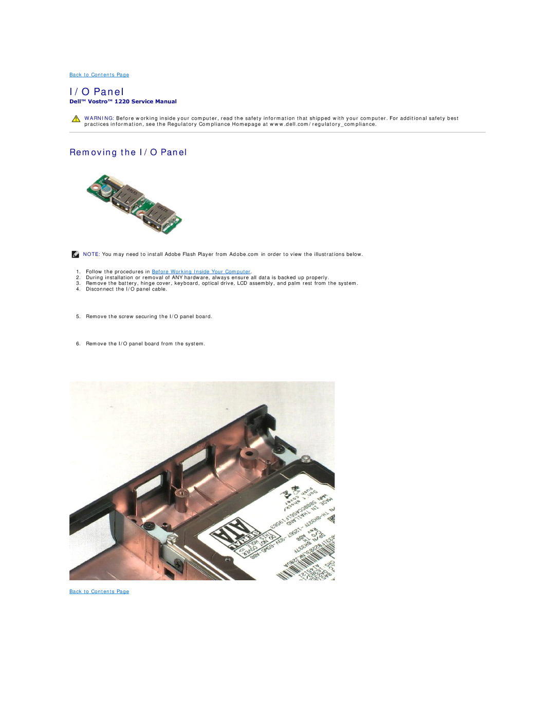 Dell 1220 specifications Removing the I/O Panel 