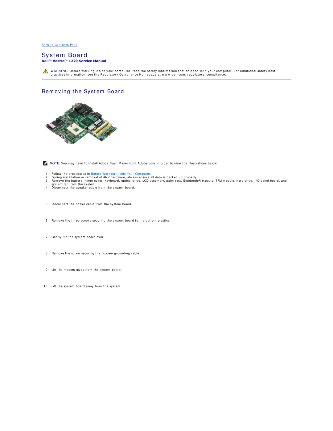 Dell 1220 specifications Removing the System Board 