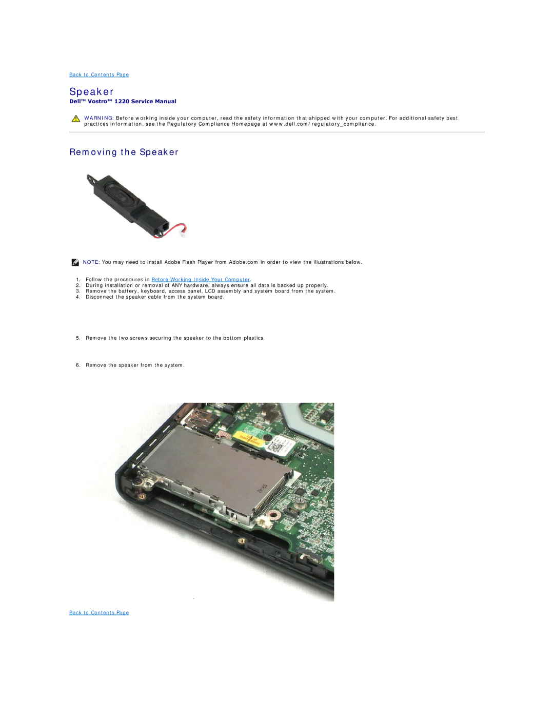 Dell 1220 specifications Removing the Speaker 